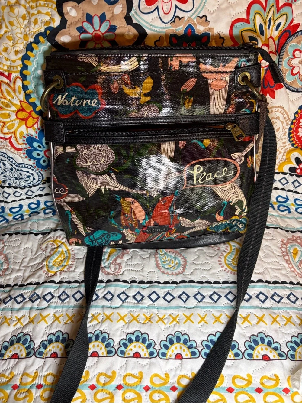 Sakroots Black Multicolor Bird & Floral Crossbody